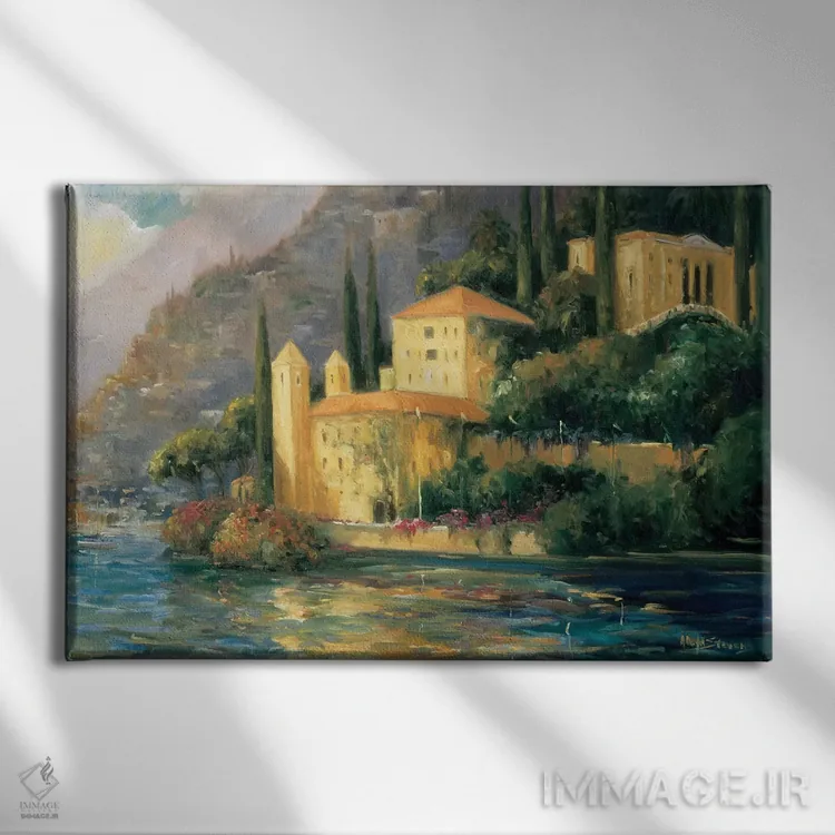 تابلو ویلا کنار دریاچه اثر الین استیونز - نمای روبهرو روی دیوار