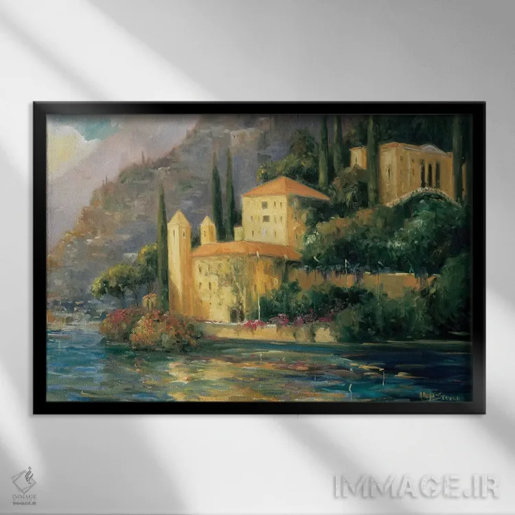 تابلو ویلا کنار دریاچه اثر الین استیونز - نمای قابدار مشکی