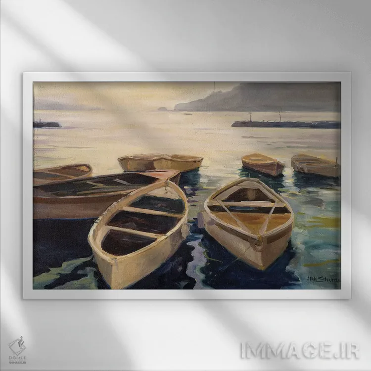 تابلو بندرگاه غروب اثر الین استیونز - نمای قابدار سفید