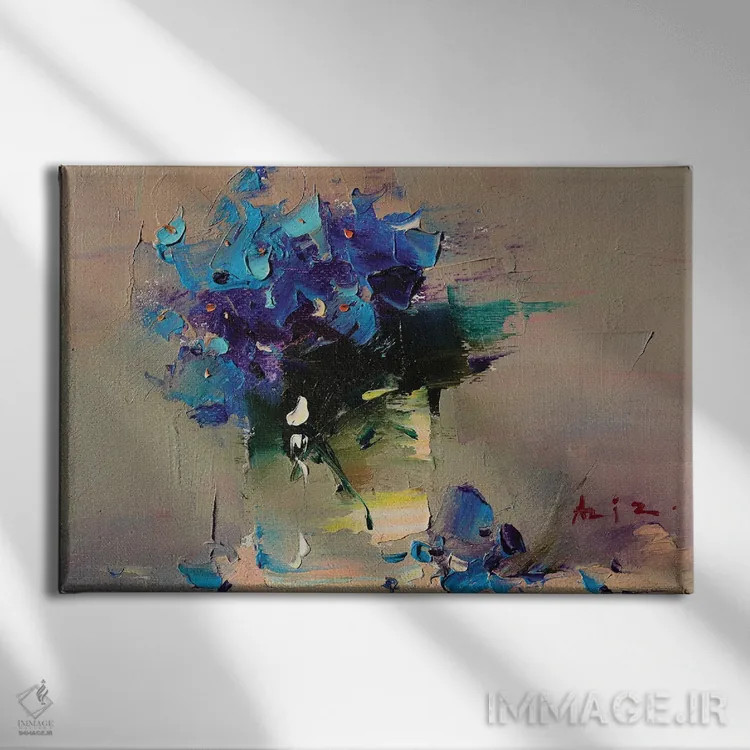 تابلو گلهای آبی اثر عزیز سلیماناف - نمای روبهرو روی دیوار