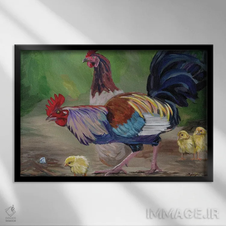 تابلو خروس و جواهر اثر آماندا زیرزو - نمای قابدار مشکی