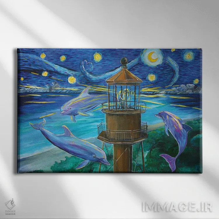 تابلو دلفینها جذب نور سانبل اثر آماندا زیرزو - نمای روبهرو روی دیوار