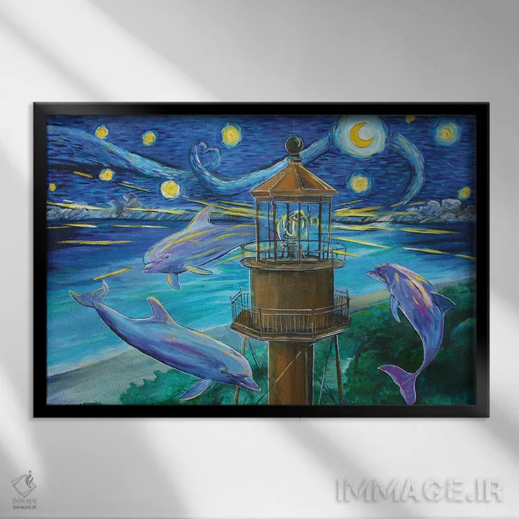 تابلو دلفینها جذب نور سانبل اثر آماندا زیرزو - نمای قابدار مشکی