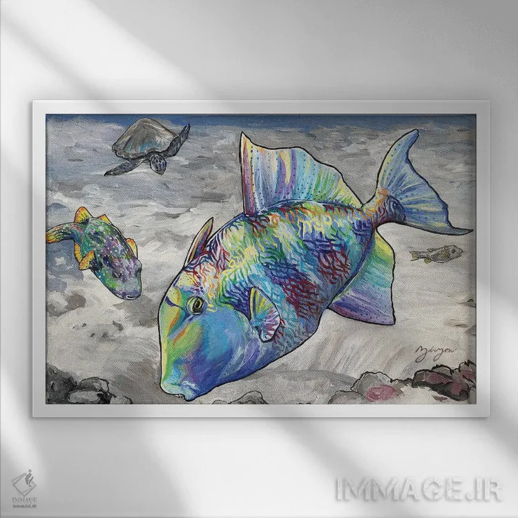 تابلو ماهی تریگر و ماهی بادکنکی اثر آماندا زیرزو - نمای قابدار سفید