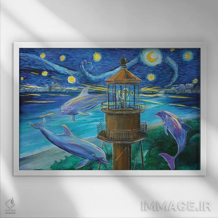 تابلو دلفینها جذب نور سانبل اثر آماندا زیرزو - نمای قابدار سفید