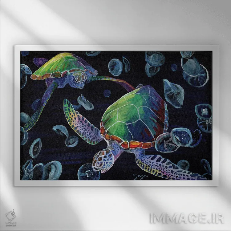 تابلو سرزمین عجایب زمستانی (لاکپشتهای دریایی و عروسهای دریایی قمری) اثر آماندا زیرزو - نمای قابدار سفید