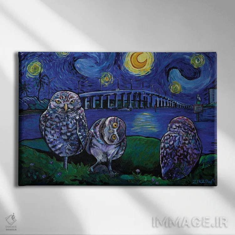 تابلو جغدهای نقبزن در شب پرستاره اثر آماندا زیرزو - نمای روبهرو روی دیوار