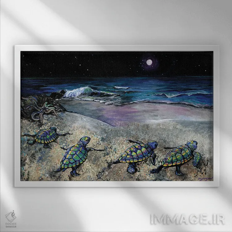 تابلو افقهای جدید (بچه لاکپشتهای دریایی) اثر آماندا زیرزو - نمای قابدار سفید