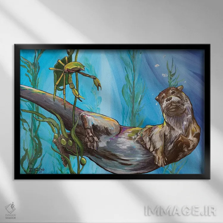 تابلو سمور دریایی و خرچنگ کلپ اثر آماندا زیرزو - نمای قابدار مشکی