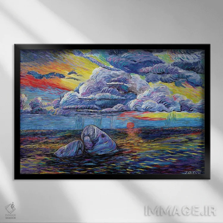 تابلو گاوهای دریایی در غروب اثر آماندا زیرزو - نمای قابدار مشکی
