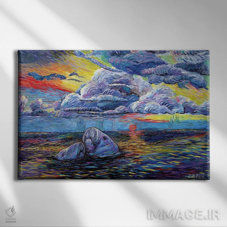 تابلو گاوهای دریایی در غروب اثر آماندا زیرزو - نمای روبهرو روی دیوار