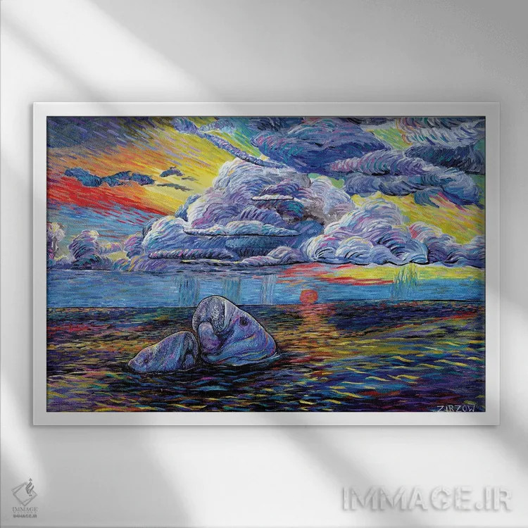 تابلو گاوهای دریایی در غروب اثر آماندا زیرزو - نمای قابدار سفید