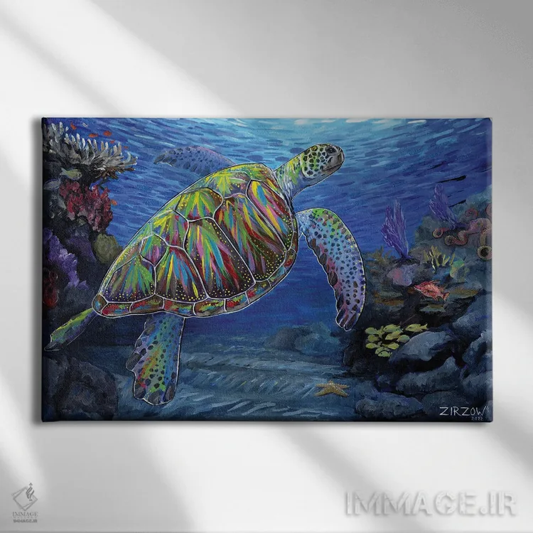 تابلو لاکپشت دریایی طیفی اثر آماندا زیرزو - نمای روبهرو روی دیوار