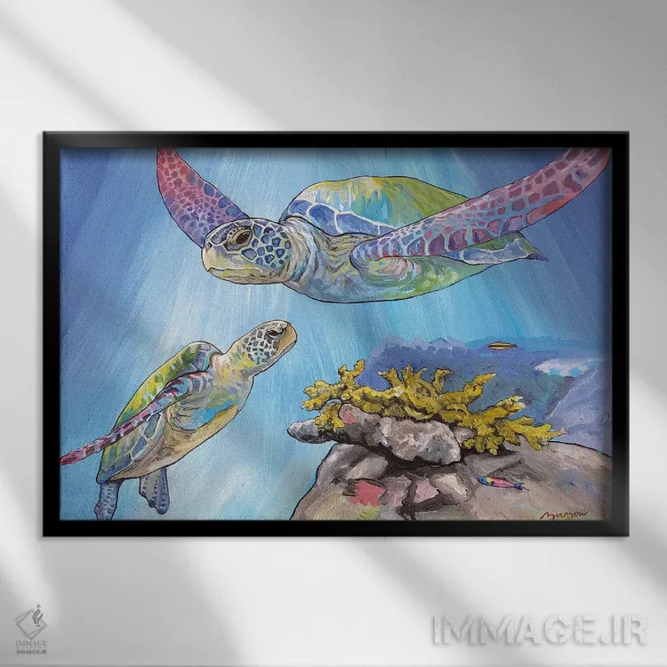 تابلو لاکپشت دریایی جوان و مادرش اثر آماندا زیرزو - نمای قابدار مشکی