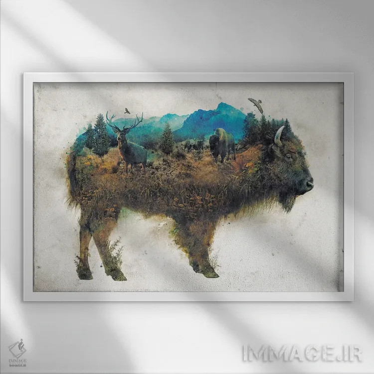 تابلو بایسون فراواقعی اثر برت بیگرز - نمای قابدار سفید