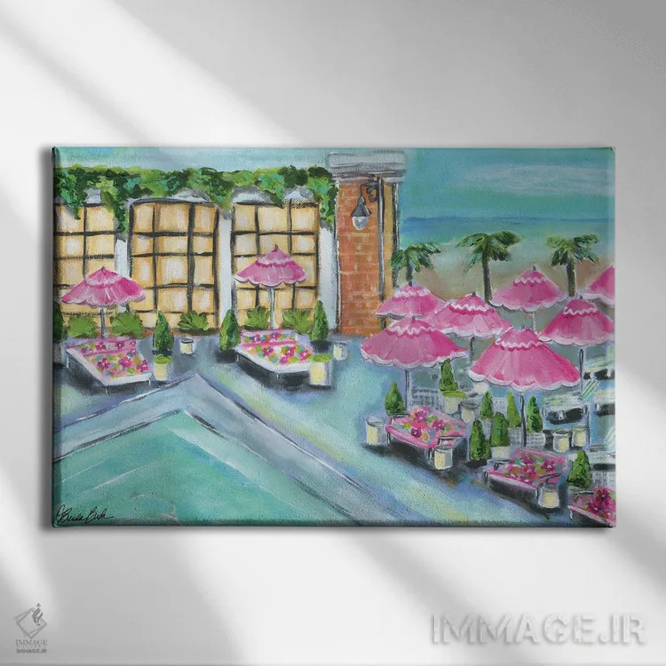 تابلو چترهای صورتی اثر برندا بوش - نمای روبهرو روی دیوار