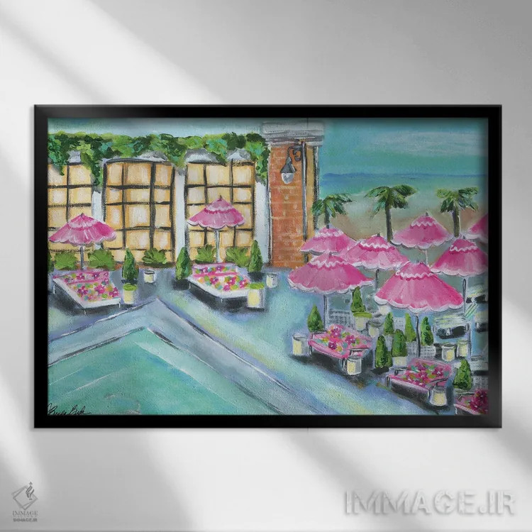 تابلو چترهای صورتی اثر برندا بوش - نمای قابدار مشکی