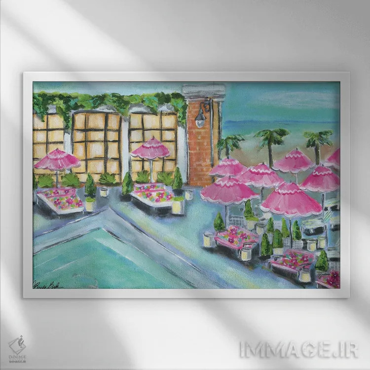 تابلو چترهای صورتی اثر برندا بوش - نمای قابدار سفید