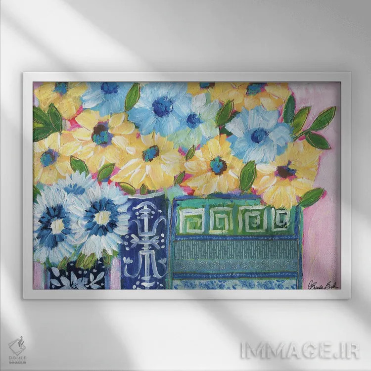 تابلو سهتایی به سبک چینی (Chinoiserie) اثر برندا بوش - نمای قابدار سفید