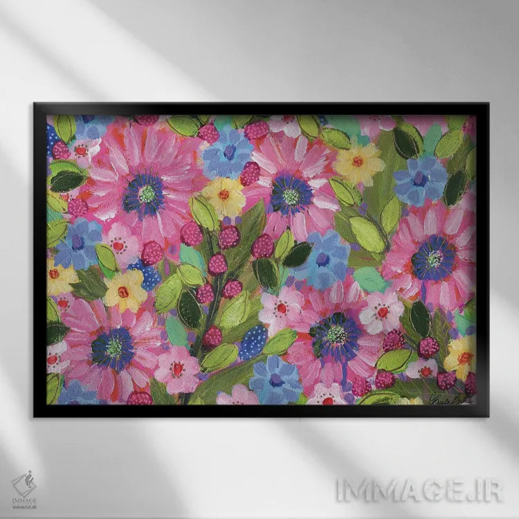 تابلو تمشک و گلها اثر برندا بوش - نمای قابدار مشکی