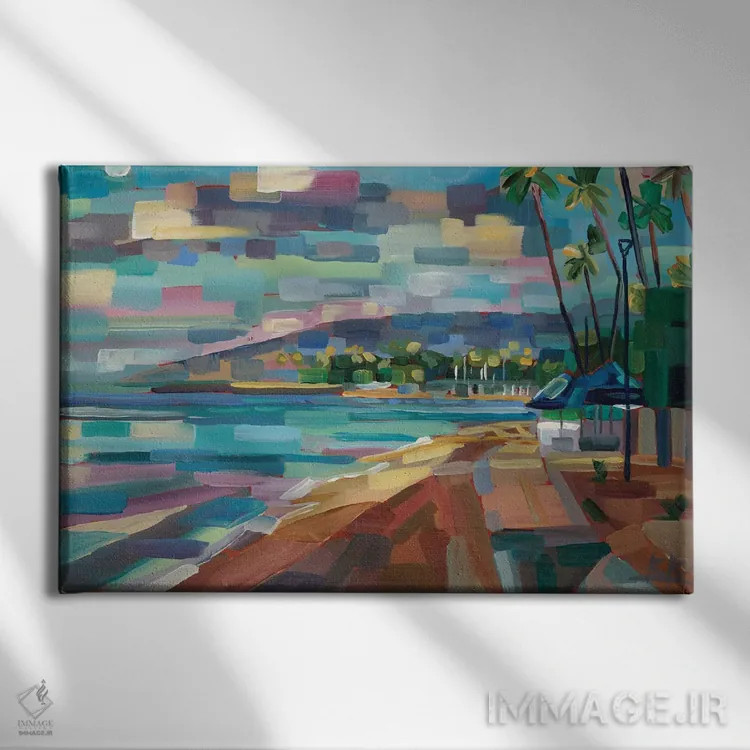 تابلو ماه صبحگاهی بر فراز وایکیکی (ساحل معروف در هاوایی) اثر بروک بورچرباورگ - نمای روبهرو روی دیوار