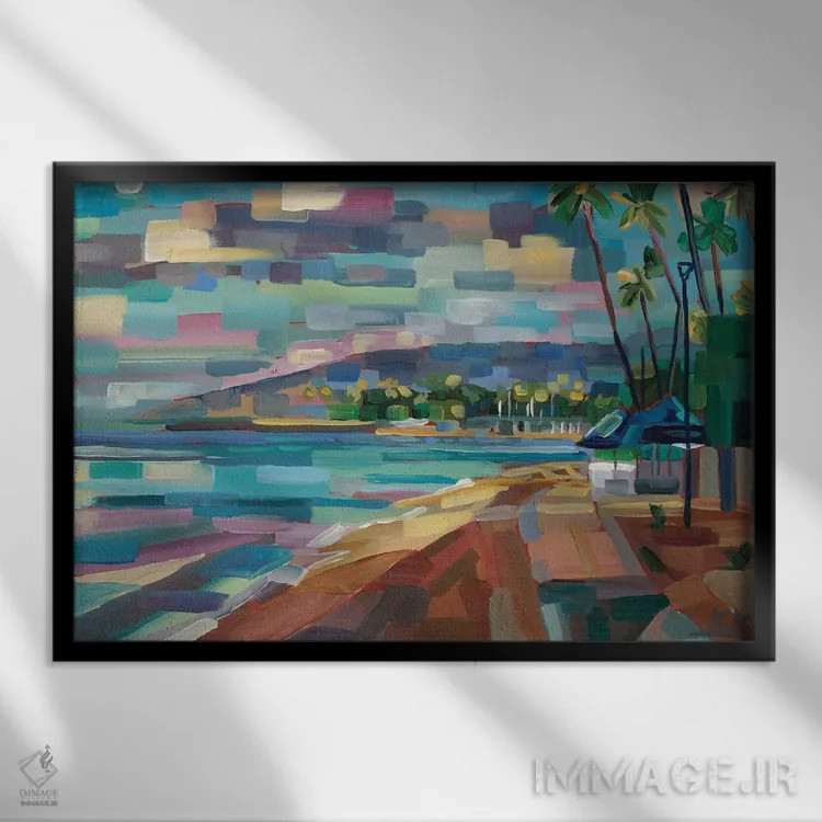 تابلو ماه صبحگاهی بر فراز وایکیکی (ساحل معروف در هاوایی) اثر بروک بورچرباورگ - نمای قابدار مشکی