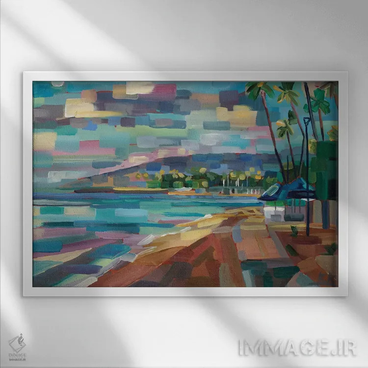 تابلو ماه صبحگاهی بر فراز وایکیکی (ساحل معروف در هاوایی) اثر بروک بورچرباورگ - نمای قابدار سفید