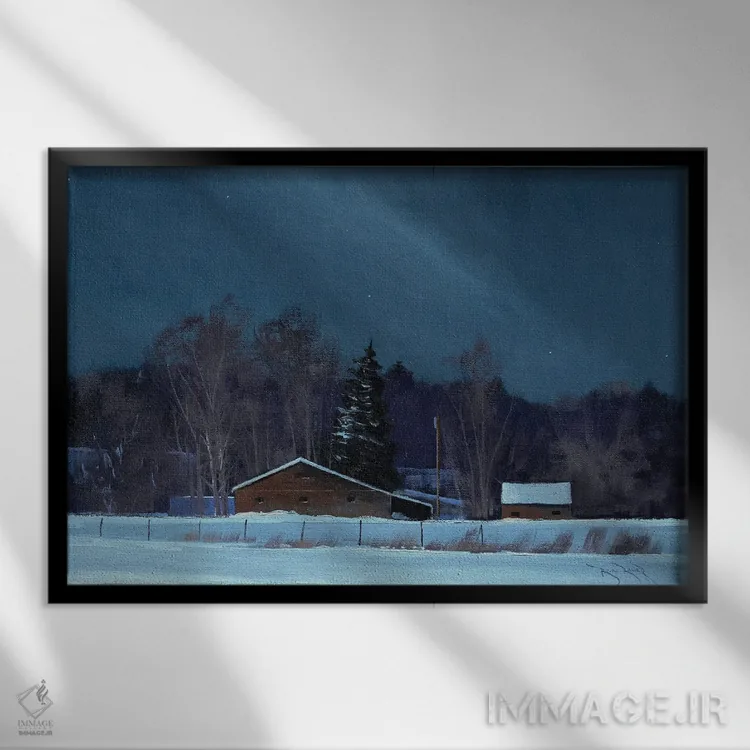 تابلو انبارهای گرانت در شب اثر بن بائر - نمای قابدار مشکی