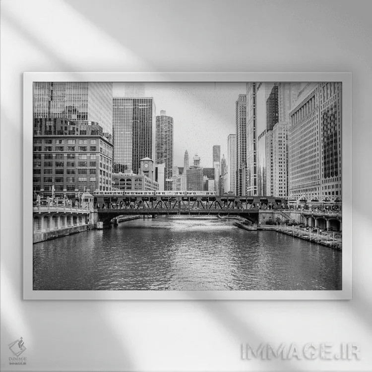 تابلو نمای رودخانه شیکاگو (سیاه و سفید) اثر عکاسی بیل کارسون - نمای قابدار سفید
