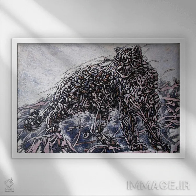 تابلو پلنگ برفی اثر بوگدان دیده - نمای قابدار سفید