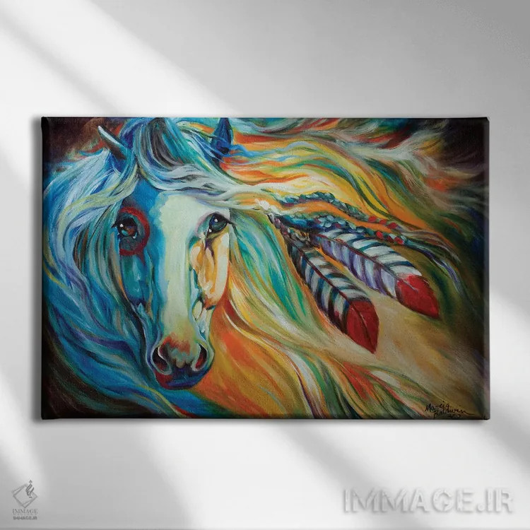تابلو اسب جنگی سرخپوستان در سپیدهدم اثر مارسیا بالدویین - نمای روبهرو روی دیوار