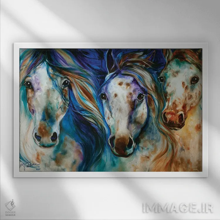 تابلو سه اسب وحشی آپالوسا اثر مارسیا بالدویین - نمای قابدار سفید
