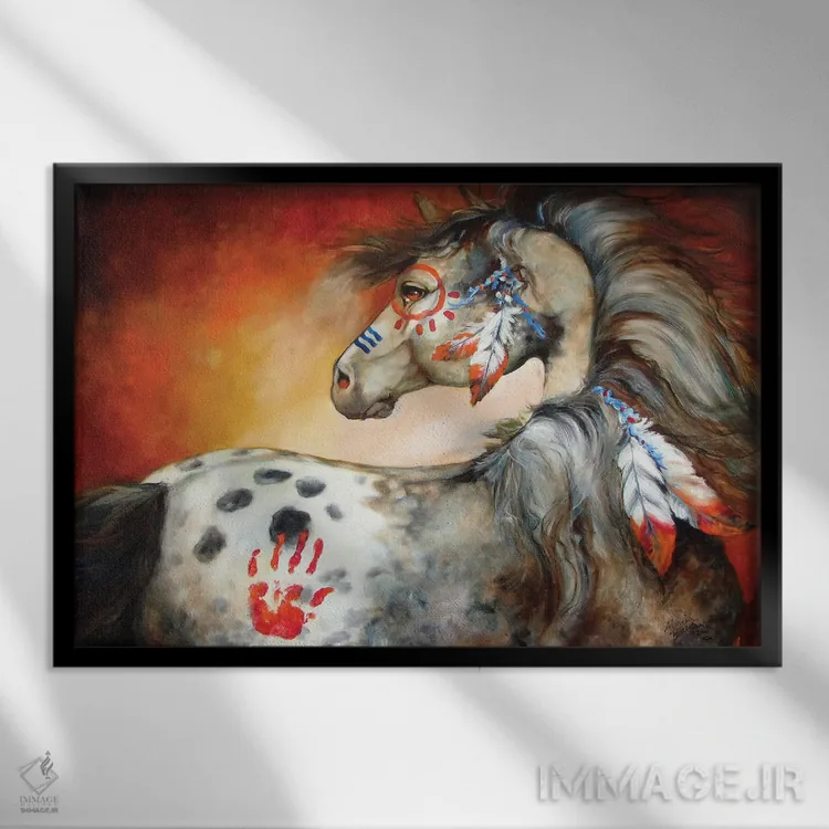 تابلو چهار پر اسب جنگی سرخپوستان اثر مارسیا بالدویین - نمای قابدار مشکی