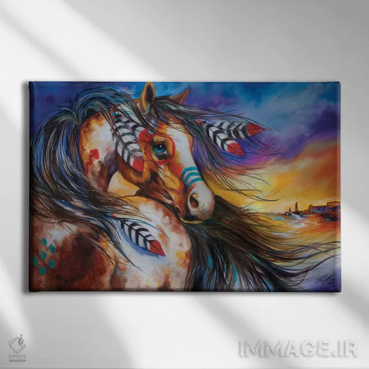 تابلو پنج پر اسب جنگی سرخپوستان اثر مارسیا بالدویین - نمای روبهرو روی دیوار
