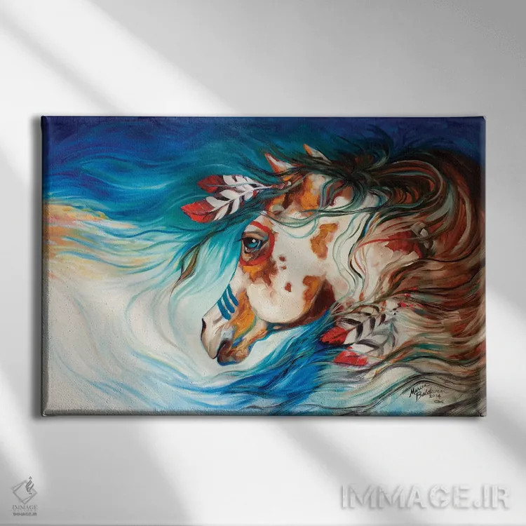 تابلو اسب جنگی سرخپوستان سرگردان اثر مارسیا بالدویین - نمای روبهرو روی دیوار