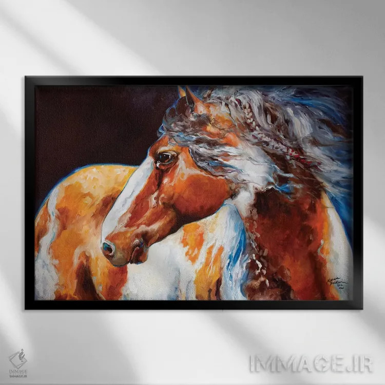 تابلو اسب جنگی سرخپوستان موهیکان اثر مارسیا بالدویین - نمای قابدار مشکی