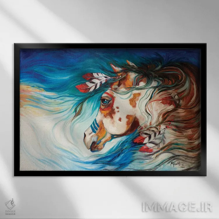 تابلو اسب جنگی سرخپوستان سرگردان اثر مارسیا بالدویین - نمای قابدار مشکی