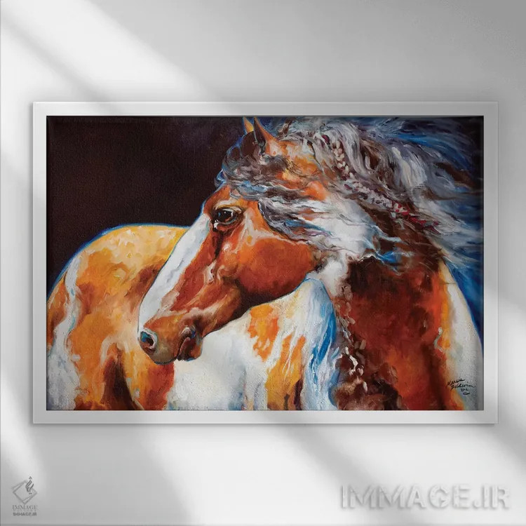 تابلو اسب جنگی سرخپوستان موهیکان اثر مارسیا بالدویین - نمای قابدار سفید