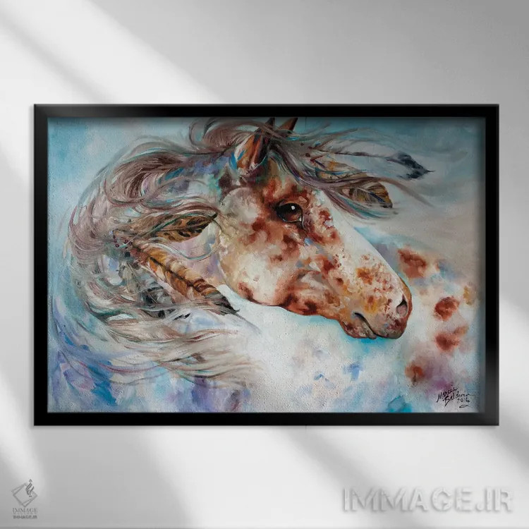 تابلو اسب جنگی آپالوسای رعدآسا اثر مارسیا بالدویین - نمای قابدار مشکی