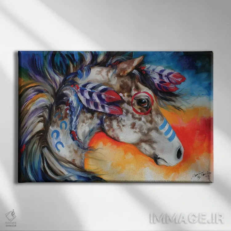 تابلو اسب جنگی سرخپوستان آپالوسا اثر مارسیا بالدویین - نمای روبهرو روی دیوار