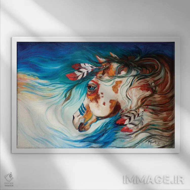 تابلو اسب جنگی سرخپوستان سرگردان اثر مارسیا بالدویین - نمای قابدار سفید