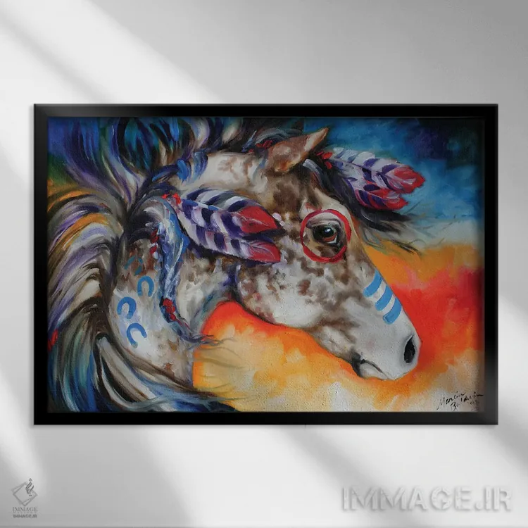 تابلو اسب جنگی سرخپوستان آپالوسا اثر مارسیا بالدویین - نمای قابدار مشکی