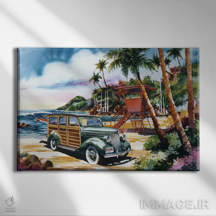 تابلو وودی جزیره (خودروی کلاسیک) اثر بیل درایزدیل - نمای روبهرو روی دیوار