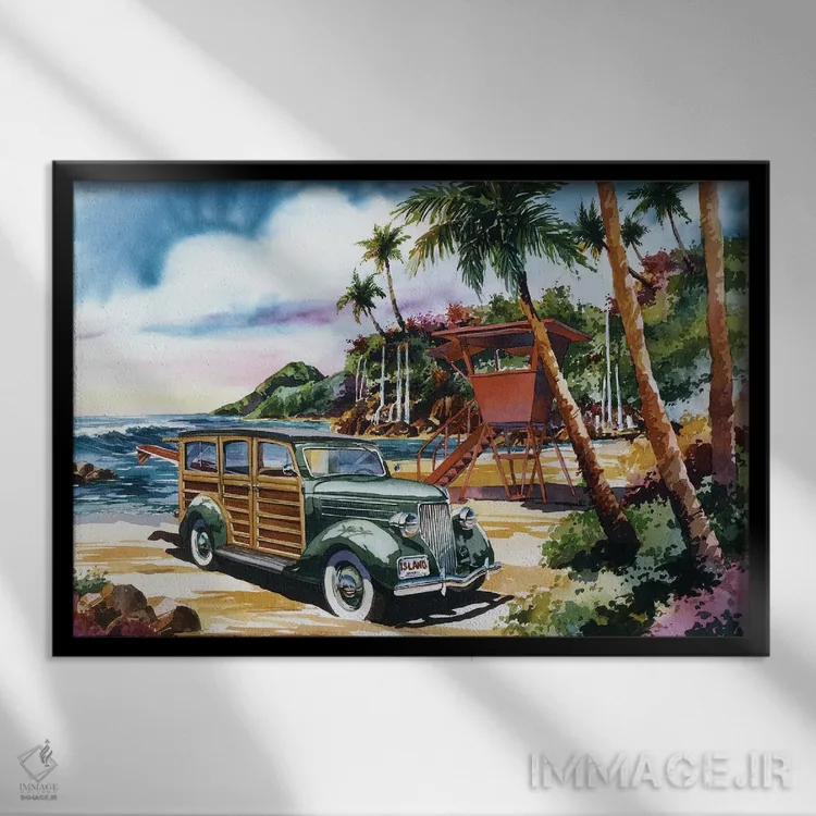تابلو وودی جزیره (خودروی کلاسیک) اثر بیل درایزدیل - نمای قابدار مشکی