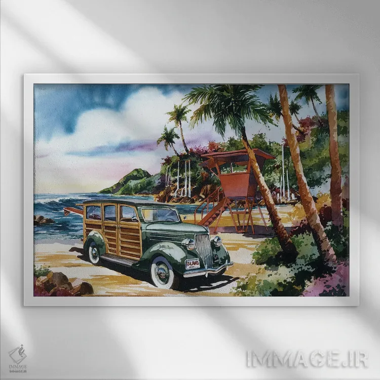 تابلو وودی جزیره (خودروی کلاسیک) اثر بیل درایزدیل - نمای قابدار سفید