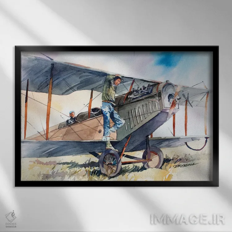 تابلو کرتیس جنی (هواپیمای کلاسیک) اثر بیل درایزدیل - نمای قابدار مشکی