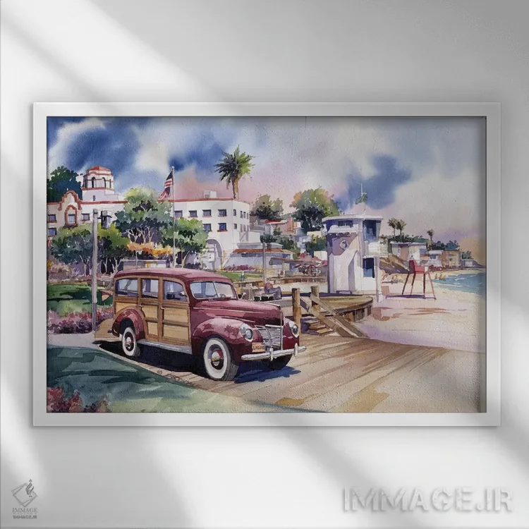 تابلو وودی لاگونا (خودرو چوبی کلاسیک) اثر بیل درایزدیل - نمای قابدار سفید