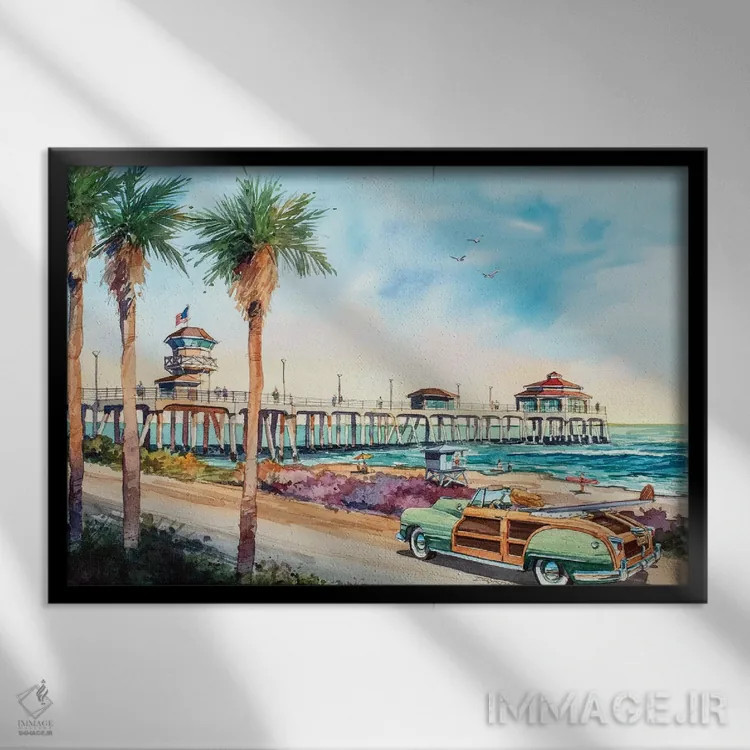 تابلو گشت و گذار در هانتینگتون بیچ اثر بیل درایزدیل - نمای قابدار مشکی