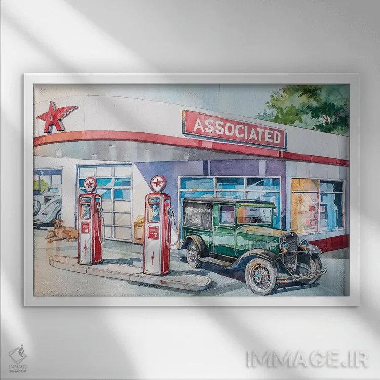 تابلو پرواز ای (ایستگاه بنزین کلاسیک) اثر بیل درایزدیل - نمای قابدار سفید