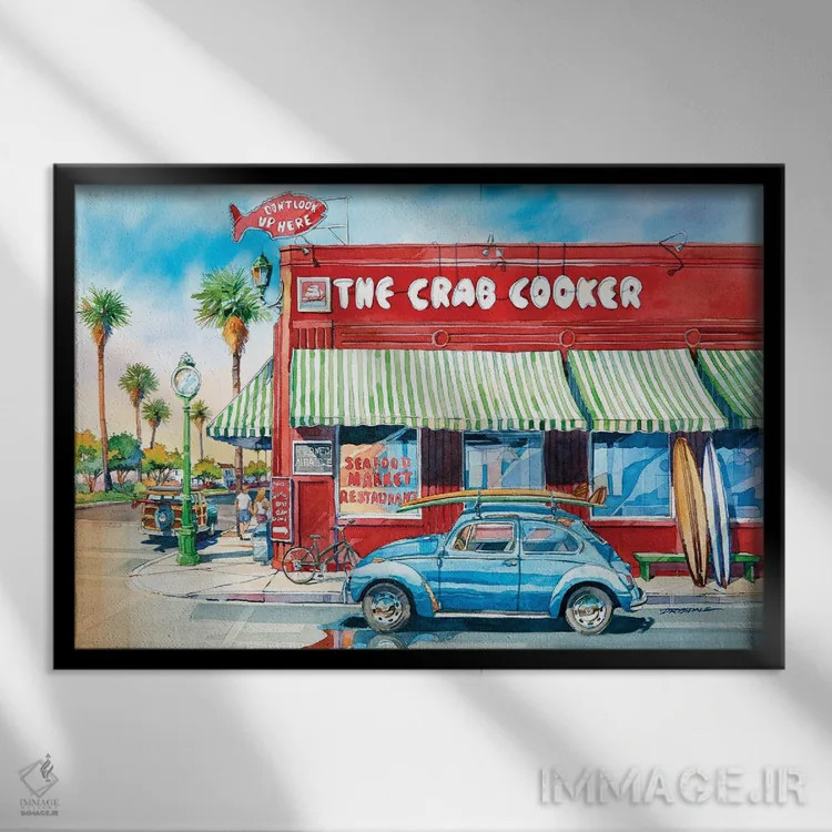 تابلو پزنده خرچنگ (رستوران یا عنوان) اثر بیل درایزدیل - نمای قابدار مشکی